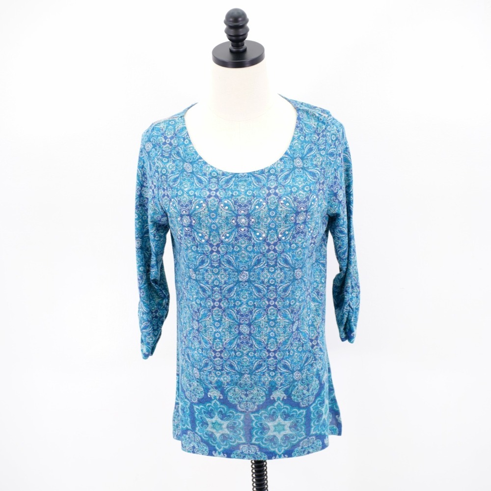 Kim Rogers PM Petite Teal Blue Rhinestone Scoop Neck Scrun 3/4 Sleeve Blouse Top